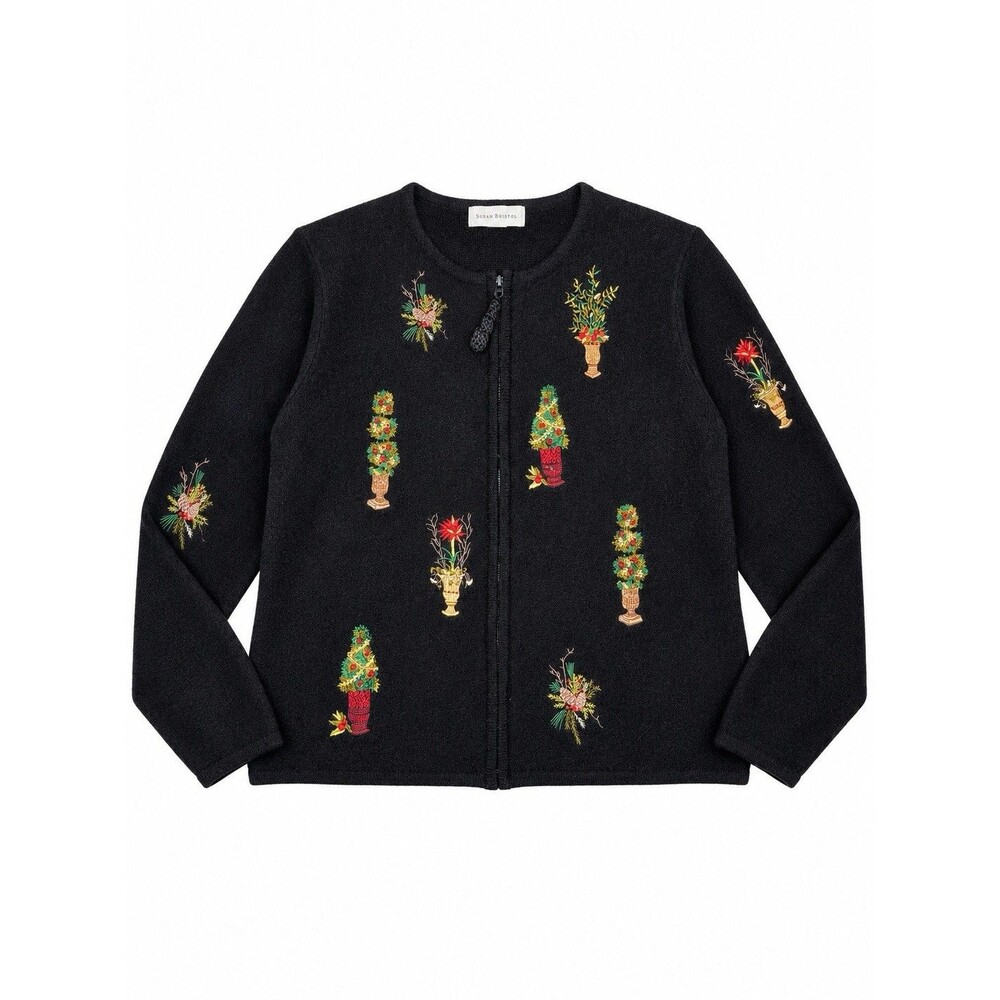 Susan Bristol Hand Embroidered Wool Christmas Cardigan Black Zip Front L Vintage